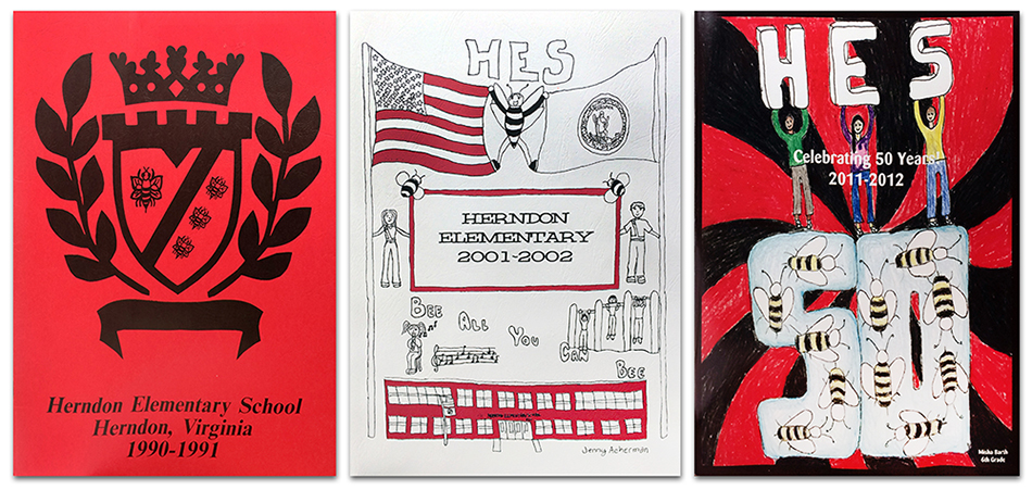 Photograph of the covers of three Herndon Elementary School yearbooks.