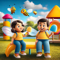 two children on playground with bees
