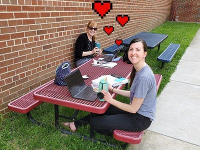 Fifth grade teachers enjoy the beautiful weather and a snack while collaborating.
