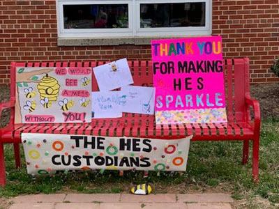 The PTA decorated the front bench for Custodian Appreciation